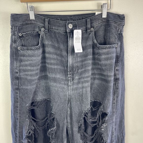 American Eagle High Rise Baggy Mom Jeans Women 14 Distressed Black Relaxed Denim - Picture 4 of 16